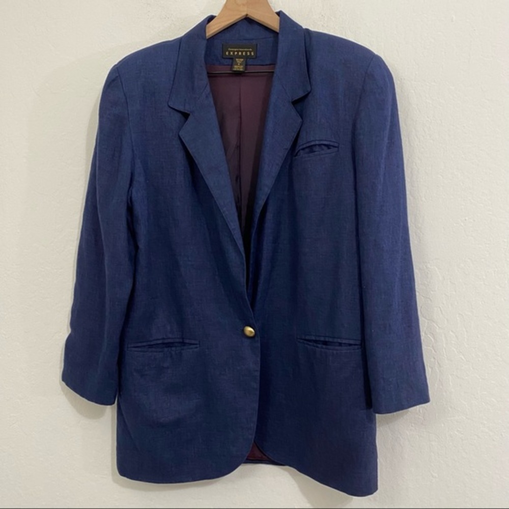 Express Vintage Women’s S Blue One Button V Neck Collaree Blazer Jacket